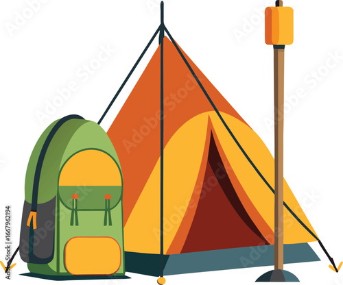 Tent Pitched With Backpack Leaning Against Pole
