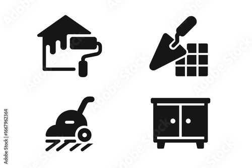 Home renovation icon set. Solid glyph symbols for house improvement and repair. Vector illustration of wall painting, tile laying, floor sanding, and cabinet installation.