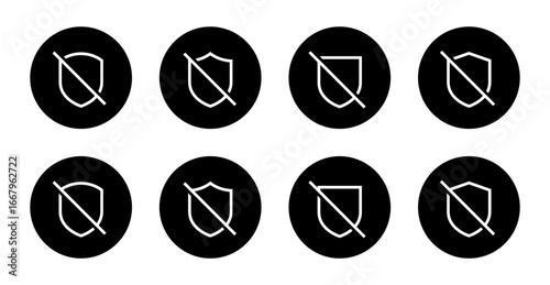 No protection shield icon set. Security blocked symbol. Unsafe defense badge in black circle