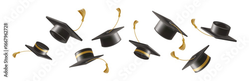 Graduates celebration. 3D Flying black graduate hat
