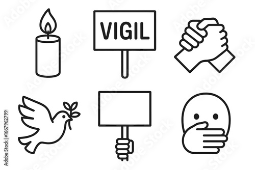 Human rights icon set. Vector outline icons for protest, vigil, and activism. Symbols for peace, solidarity, censorship, and free speech. Candle, dove, handshake, sign.