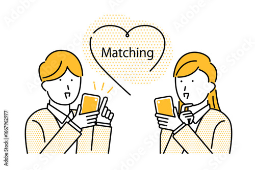 スマホでマッチングアプリを利用する若い男性と女性のイラスト