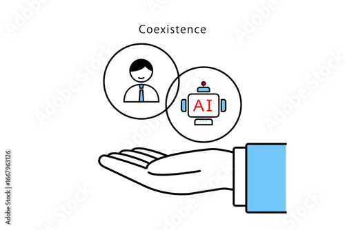 人間の従業員とAIの共存を掲げるビジネスマンの手のイラスト
