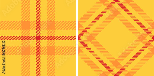 Cheerful tartan patterns featuring a warm yellow palette with orange and red accents. Use for textile designs, backgrounds, or graphic elements. Bright, versatile, and visually appealing.