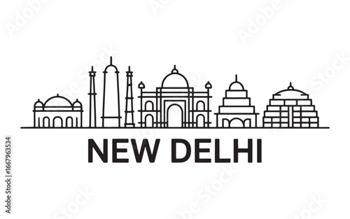 Monochromatic Skyline Depiction of New Delhi India Featuring Prominent Architectural Landmarks and a Clean Line Art Style for Travel and Culture