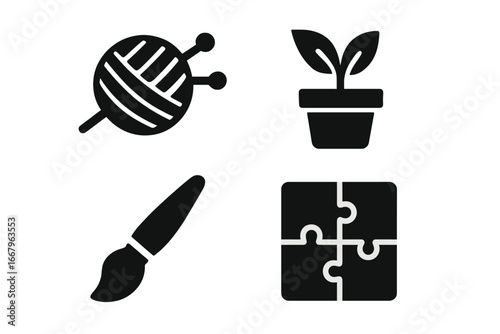 Hobby and leisure activities icon set. Solid glyph icons for creative pastimes like knitting, painting, gardening, and puzzles. Meaningful activity and work-life balance concept.
