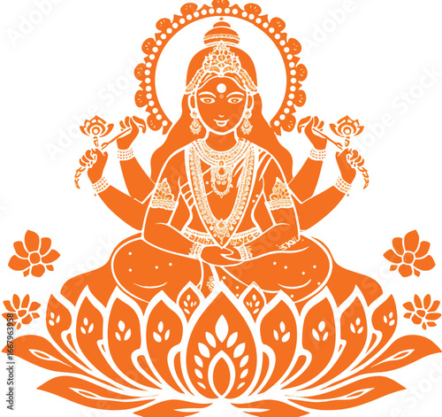 Lakshmi Goddess: The image depicts Lakshmi, the Hindu goddess of wealth, fortune, and prosperity, in a detailed illustration, emanating serenity and grace.