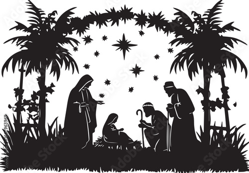 Nativity Scene Silhouette: A simple yet evocative black and white silhouette depicting the classic nativity scene with Mary, Joseph, and the baby Jesus under a starry night.