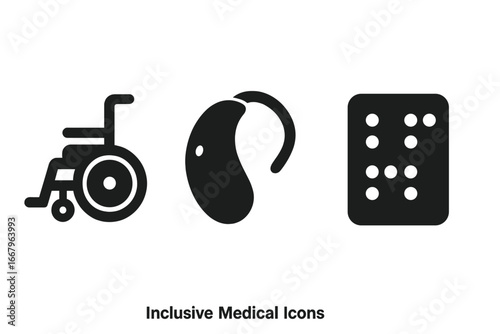Inclusive medical icon set. Disability and accessibility symbols. Wheelchair for mobility, hearing aid for deaf people, and braille for the blind. Solid glyph vector icons.