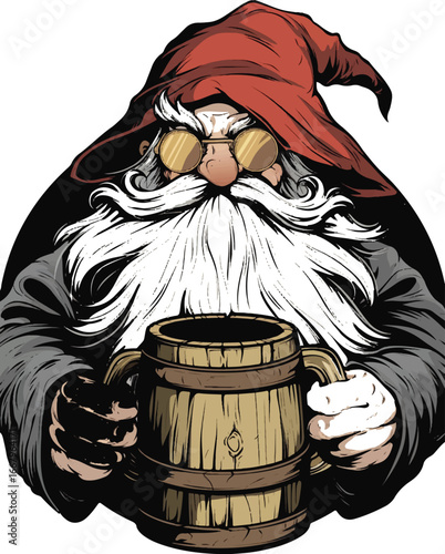 Mystical Elder & Ale: An illustration of a wizened figure holding a wooden beer stein, exuding an aura of wisdom and jovial charm. The details of his garb suggest a rich heritage.