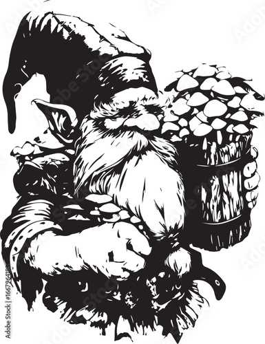 The gnome with mushroom: A detailed illustration captures a classic gnome, full of wisdom, holding a generous bundle of mushroom. this artwork perfectly captures the essence of whimsy and folklore.