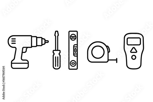 Installation tools line icon set. Construction, repair and DIY work instruments. Power drill, screwdriver, level, measuring tape, stud finder. Vector graphic for do it yourself.