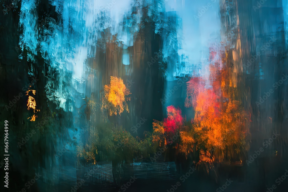 Obraz premium Blurred Autumn Night City View Through Window