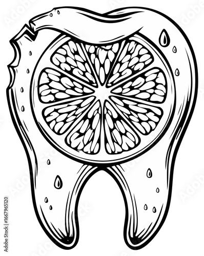 Monochrome Line Art Illustration of a Human Tooth with a Fresh Citrus Slice Inside