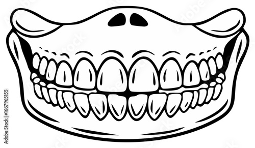 Exaggerated cartoon skull mouth with full set of teeth grinning spooky design for Halloween