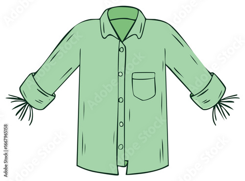 Whimsical Green Shirt with Frayed Cuffs Adds a Touch of Playful Charm to Your Wardrobe