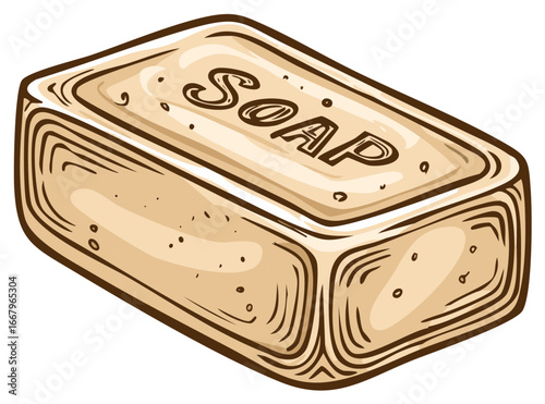 Illustration of a soap bar with engraved lettering, hygiene or sanitation related product