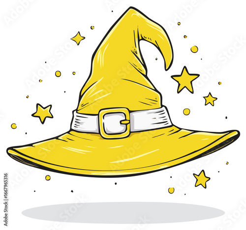 Whimsical yellow witch hat and sparkling stars cartoon style for Halloween decoration and festive event illustration