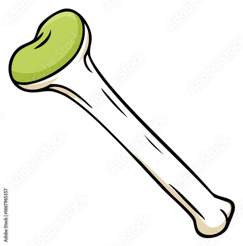 Stylized cartoon human femur or dog bone with a strange green cap illustration