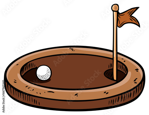Cartoon illustration of a golf green with a ball and a flag, sport concept.