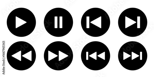 Set of black circle media control icons including play, pause, stop, forward, and rewind buttons.