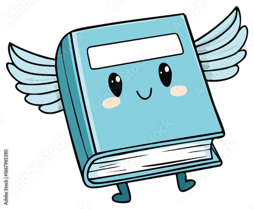 Whimsical Flying Book Character with Wings and Smiling Face in Cartoon Style