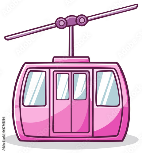 Pink cable car illustration, ski lift drawing, cartoon cable car on the go