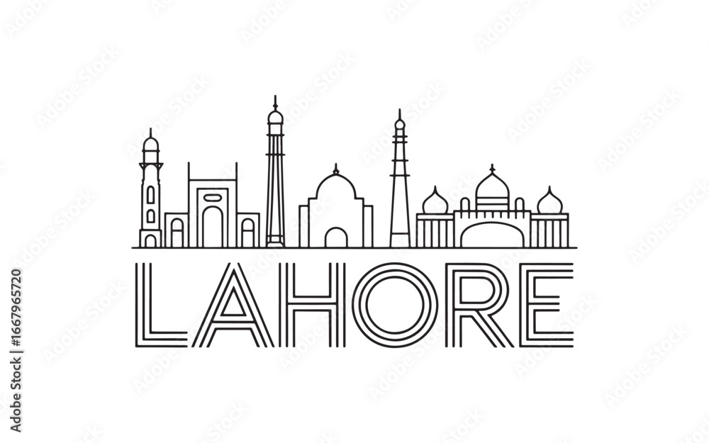Fototapeta premium Lahore City Skyline Silhouette in Minimalist Line Art Style, Featuring Architectural Landmarks and the City Name in Bold Typography