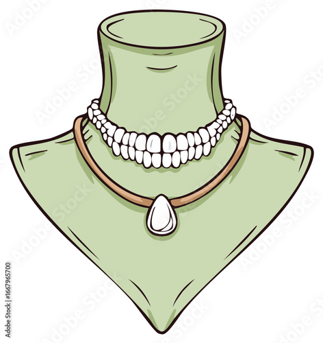 Creepy human teeth necklace and a white stone pendant on a green jewelry display mannequin bust cartoon illustration.