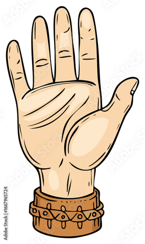 Open hand with outstretched fingers and a decorative leather wristband