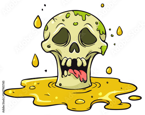 Horror cartoon skull oozing green slime into toxic yellow liquid puddle illustration