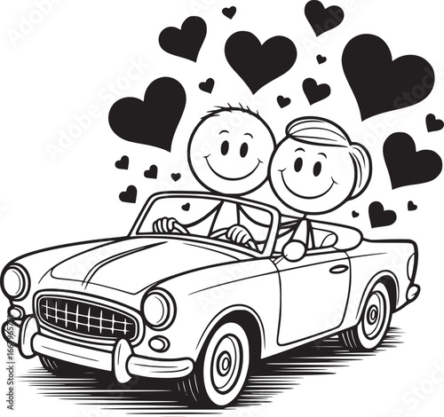 Driving Towards Forever: A charming line art illustration captures a couple in love, cruising in a classic convertible with hearts. a symbol of their shared journey and joyful love story.