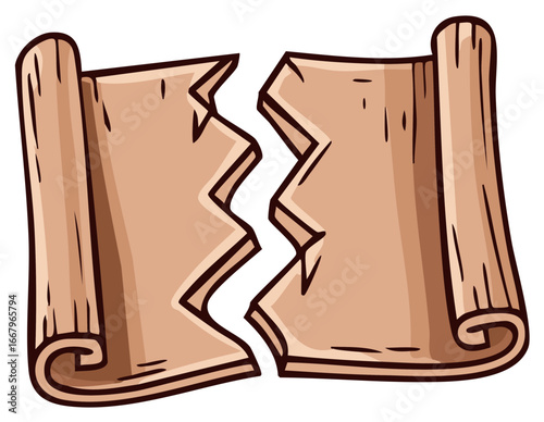 Cartoon illustration of a torn parchment scroll, revealing fragmented history or secrets