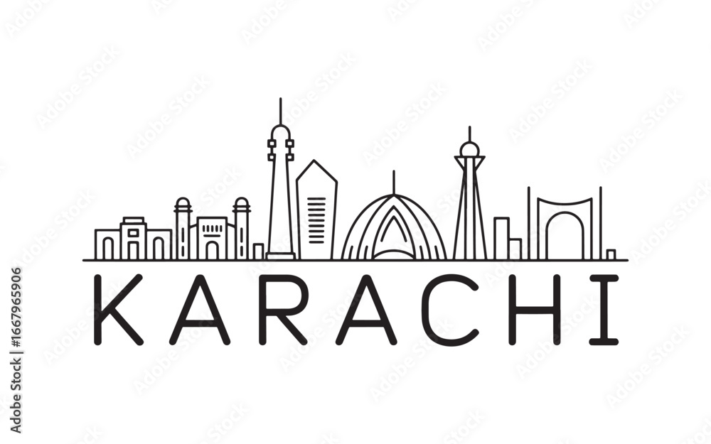 Fototapeta premium Minimalist Karachi Skyline Illustration A Modern Depiction of the City's Iconic Landmarks and Architectural Wonders in a Clean Line Art Style