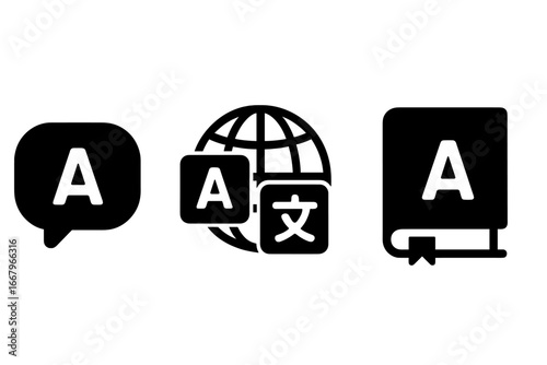 Language learning icon set. Translation app glyphs. Foreign language study symbols. Dictionary, vocabulary book, speech bubble, global communication vector icons. Solid pictogram.