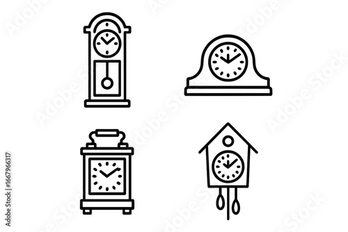 Antique clock icon set. Line art vector illustration of classic timepieces. Grandfather, mantel, carriage, and cuckoo clock silhouettes. Vintage retro time concepts.