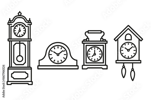Antique clock icon set. Vector outline collection of vintage timepieces. Grandfather, mantel, carriage and cuckoo clock illustrations. Retro timer symbols for classic design.