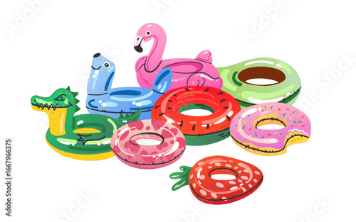 Cartoon inflatable toys. Colorful swimming rings and mattress, rubber water summer pool funny swimming accessories, flamingo, pizza and ball, watermelon and donut, vector flat isolated gradient set