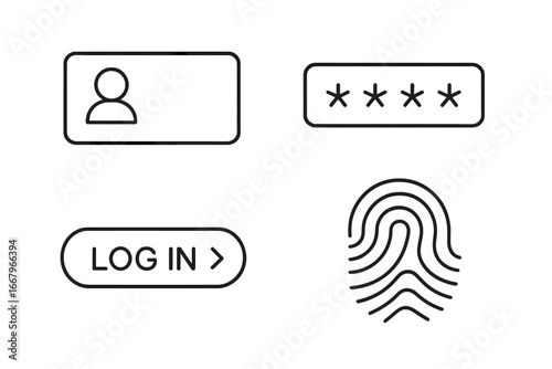 Login authentication outline icon set. Vector user interface elements for web and mobile. Username, password, log in button, and fingerprint biometric security verification.
