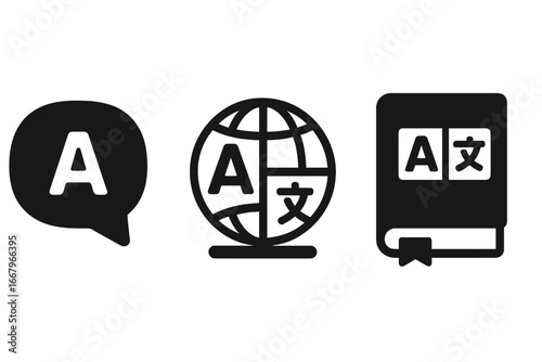 Language learning icon set for education & apps. Globe for translation, speech bubble for chat, dictionary book for vocabulary. Solid vector glyphs for bilingual communication.