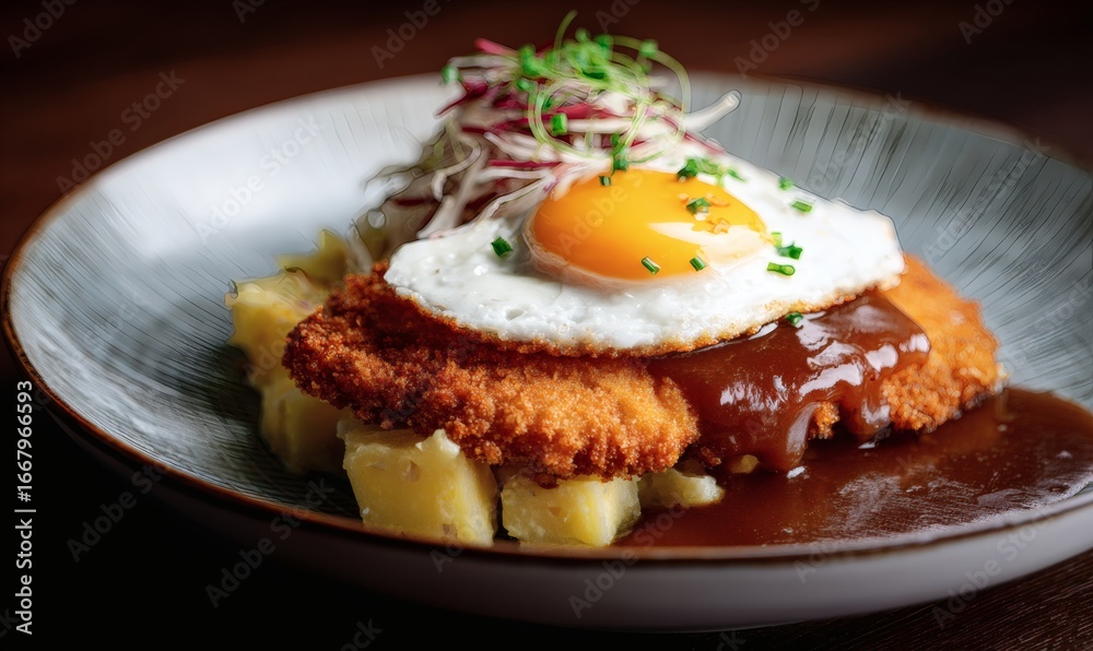custom made wallpaper toronto digitalcrispy golden schnitzel plated on a bed of creamy German potato salad, cascading rich brown gravy over the schnitzel, topped with a perfectly cooked sunny side up egg with glossy yolk