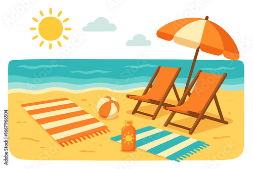 Summer beach scene with chairs and umbrella. Vector cartoon illustration of seaside vacation essentials like towel, sunscreen and ball. Concept of travel, holiday and relaxation.