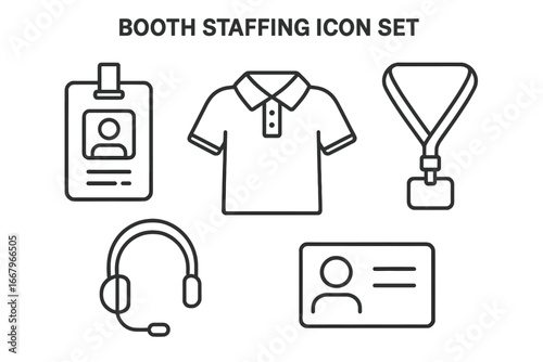 Trade show staff vector icon set. Outline symbols for exhibition and conference personnel. Includes ID badge, lanyard, polo shirt, headset, and name tag. Event management kit.