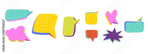 Empty speech bubbles. Doodle colorful forms for chat and message. Discussion and conversation, crayons drawing dialog windows. Sketch pencil. Thinking communication icon vector isolated hand drawn set