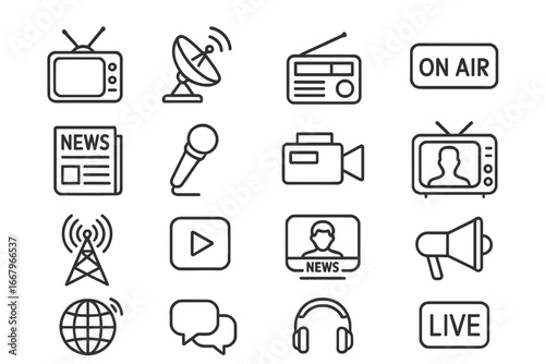 Broadcast and media outline icons set. Communication and news symbols. Vector line collection for television, radio, journalism, video, live streaming, press and web.