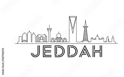 Minimalist Jeddah Skyline Illustration An Elegant Line Art Depiction of the Saudi Arabian Cityscape in Black and White