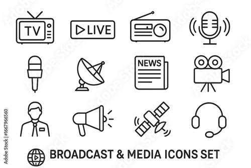 Broadcast and media outline icons set. Linear communication and news symbols. Vector collection of TV, live, radio, microphone, camera, satellite dish, newspaper, and anchor.