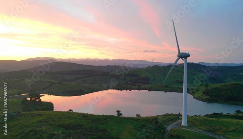 Sunset Reflecting on Wind Turbine Blades in Peaceful Landscape