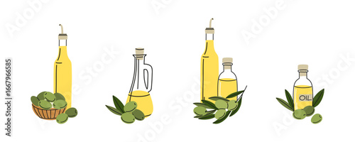 Olive oil in glass jar. Berries on plate and leaves. Cooking organic product. Bottle with liquid. Natural extra virgin. Diet vegan ingredient. Healthy food. Vector cartoon flat isolated illustration