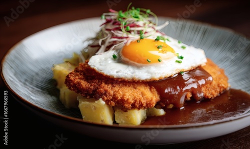 Wallpaper Mural crispy golden schnitzel plated on a bed of creamy German potato salad, cascading rich brown gravy over the schnitzel, topped with a perfectly cooked sunny side up egg with glossy yolk Torontodigital.ca